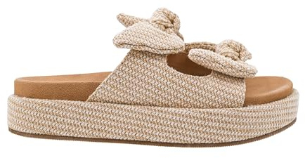 Corkys Footwear Sandalias de plataforma Lil Bit Knotty de 1.5 pulgadas para mujer, con dos correas adornadas con lazos y una plantilla ligeramente acolchada para uso durante todo el día, Arena, 37.5