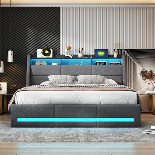 WSOFZMO Polsterbett 140×200 mit Stauraum, Doppelbett mit USB und LED-Kopfteil, Hydraulisch Bett mit Bettkasten, Jugendbett mit Lattenrost, Leinen, ohne Matratze (Hydrauli, 140 * 200)