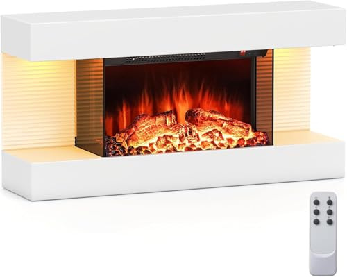 GOPLUS Elektrokamin mit Heizung, 18℃-28℃ Deko Kamin, 1500W, schwebender Wandkamin mit LED-Seitenlichtern, elektrischer Wandkamin mit 12 Flammenfarben, Fernbedienung, 8H Timer & Überhitzungsschutz, 32