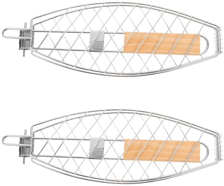 Housoutil Cestello per Grigliare Pesce in Acciaio 2 Pezzi con Manico Antiscottatura Pieghevole Gabbia Barbecue Multiuso per Carne Verdure e Frutti di Mare Utensile Portatile per