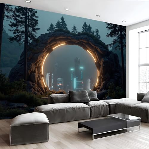MIATCENRT Papier Peint Panoramique Ville Paysage de Forêt Portail, 250x175cm (L×H) Papier Peint Murale Intissé 3D, Gris-brun Poster Decoration Murale pour Chambre Salon Bureau