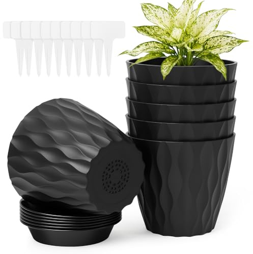vsshe Blumentopf, 6er Set Blumentöpfe aus Kunststoff, Waffelmuster Pflanzentopf rund mit Untersetzer & Drainageloch, Übertopf für Zimmerpflanzen, Balkon, Innen&Außenbereich (6 Zoll/15cm, Schwarz)