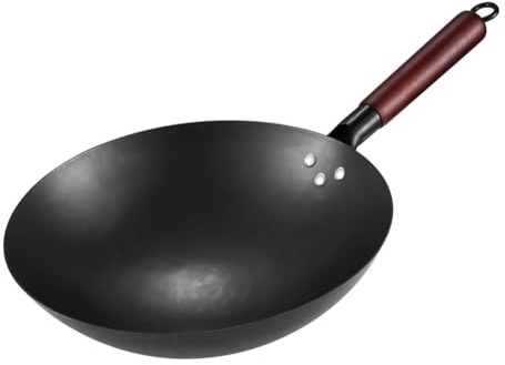 Wok de hierro fundido sin revestimiento para uso doméstico, 1 paquete adecuado para cocinar, diseñado para una larga duración con una durabilidad adecuada y un funcionamiento consistente (14.1
