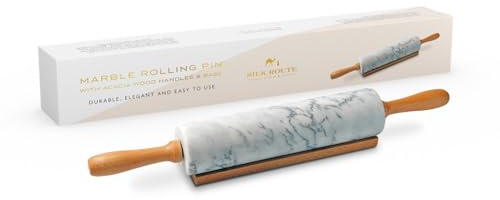 Silk Route Home White Marble Rolling Pin with Beechwood Handle & Base | Naturally Weighted, Non-Stick, Cool-Surface Dough Roller for Baking, Pastry, Pizza & Cookies