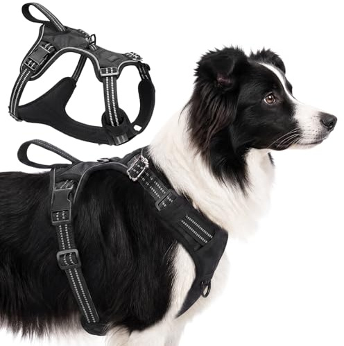 Olcyren Hundegeschirr für Kleine Mittelgroße Grosse Hunde, Anti Zug Geschirr Hund, No Pull Verstellbar Reflektierend Hundegeschirr mit Griff, Y Geschirr Hund Weich Gepolstert (Schwarz, L)