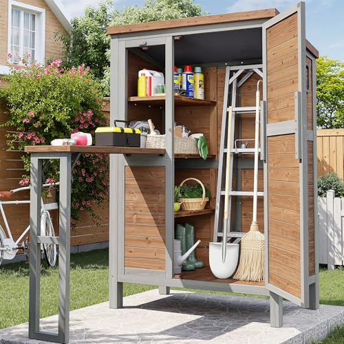 Gartenschrank mit ausklappbarer Arbeitsplatte, Outdoor Werkzeugschrank aus Tannenholz, mit verstellbaren Regalen, Haken & Sicherheitsverschluss, wasserdicht, für Garten & Terrasse