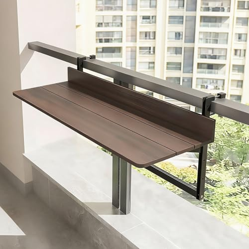 Foldable Balcony Table, Space-Saving Railing Desk with Adjustable Brackets for Outdoor Patio, Deck, Garden & Apartment – Weather-Resistant Wood Look Hanging Bar Table
