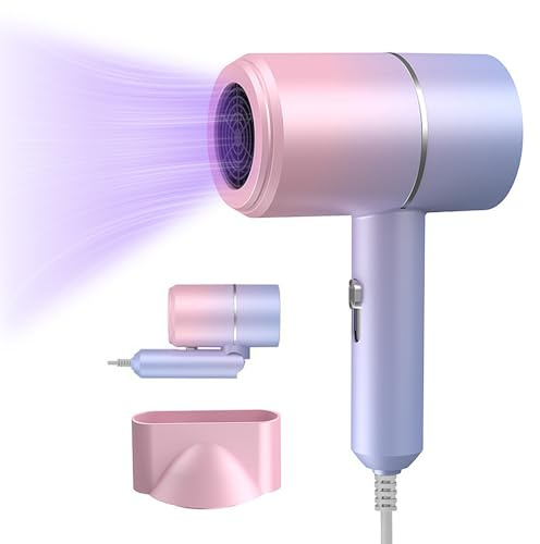 Jonuin Hair Dryer, Foldable Hair Dryer, Travel Hairdryer, Blow Dryer with Heating and Cool Button, Fast Drying Ionic Hairdryer for Girls, Women, Travel, Salon, Home (Gradient Purple)