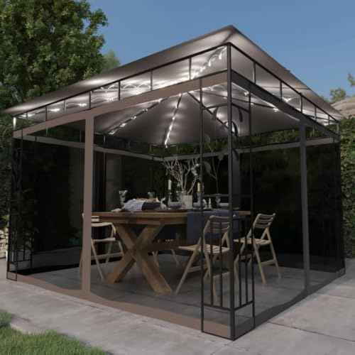 Ordellia Tonnelle avec moustiquaire et lumières LED 3x3x2,73 m Taupe, abri extérieur pour Jardin Patio terrasse, pergola Solaire, Tente ombrage résistante à la Pluie et Vent, idéale pour Cour Camping