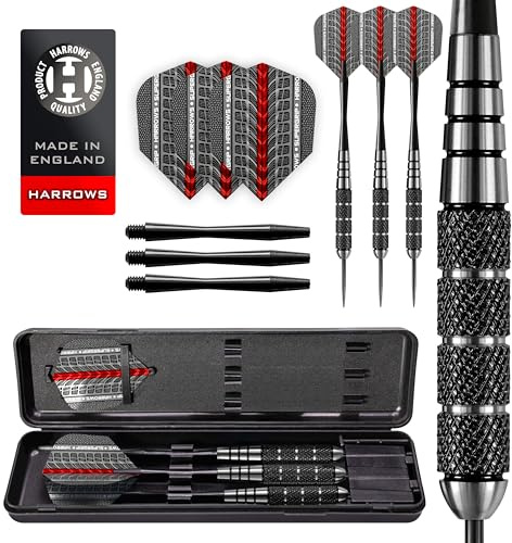 Harrows Black Jack Darts-Set mit Edelstahlspitze, 18 g, 20 g, 22 g und 24 g – inklusive Speedline-Schäften, Supergrip-Flights und Reiseetui