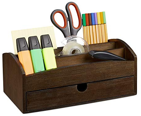 Relaxdays Schreibtisch Organizer, Büroorganizer aus Bambus, mit Schublade u. Fächern, HBT 11 x 27,5 x 15 cm, Dunkelbraun, Dark Brown