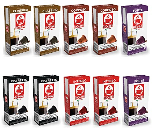 Bonini Coffee Pods, Nespresso Compatible Intense Variety 10 Packs Coffee Pods, Blends Inc. Ristretto, Intenso, Forte, Corposo, Classico. Each Pack 10 Pods Total 100 Pods