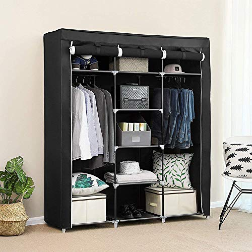 Flyelf Kleiderschrank, Faltschrank, Stoffschrank Schrank mit Kleiderstange (Schwarz, 175 * 150 * 45cm)