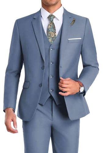Mrbuerly Men Suit 3 Pieces Slim Fit, Denim Blue Prom Men's Suits Blazer Vest Pants Formal Wedding Groomsmen Jacket-XXL4640
