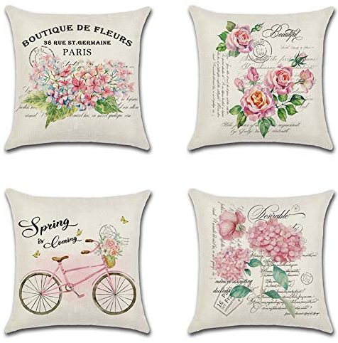 Artscope Set of 4 Spring Pink Flowers Cushion Covers, Cotton Linen Decorative Square Throw Pillow Covers for Couch Outdoor Bench Patio Garden Farmhouse Decor, 45x45cm Spring-5