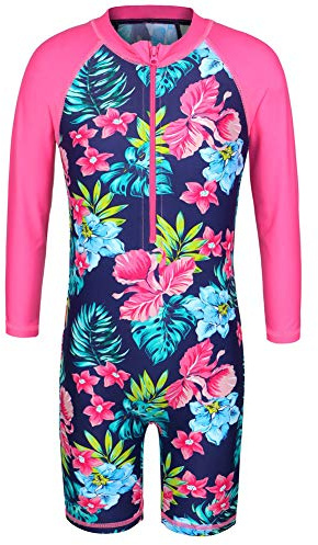 ZNYUNE Mädchen Einteiler Langarm Badeanzug Stoffdruck Kinder Schwimmanzug 337 NavyFlower 128/134