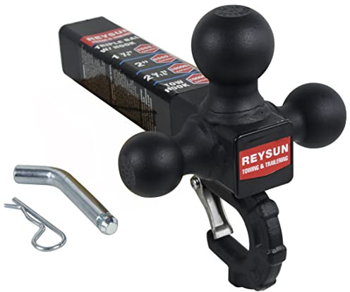 REYSUN Patented Forged Trailer Hitch Tri-Ball Hitch with Hook: 3 Sizes in 1 Tow Ball Hitch, Fits 2-inch Hitch Receiver, Secure Locking Mechanism, Matt Black