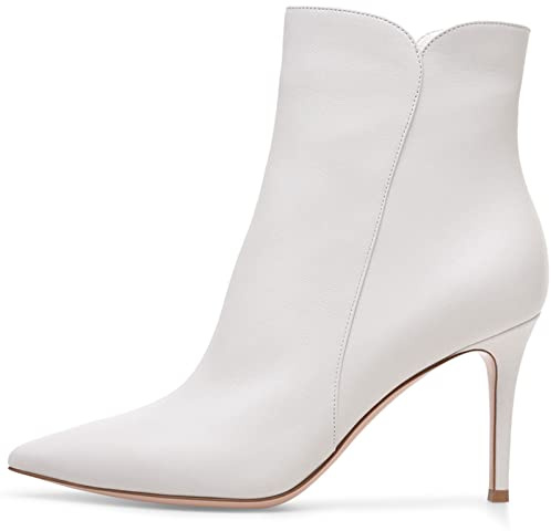 Stivali da Donna Stivaletti Corti in Scamosciata Scarpe col Tacco a Punta Tacco a Spillo Alto Slip on Ankle Boots Cerniera Tronchetti Tacchi Alti Invernali Outdoor Scarponi,Bianca,36 EU