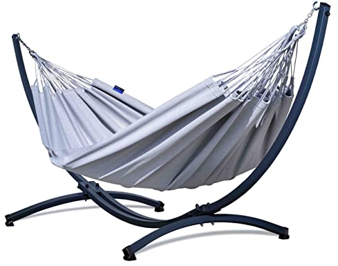 Potenza Outdoor Hängematte mit Gestell für 2 Personen I Merida- Baumwolle Doppelhängematte XXL 220x160, 220kg I Hängemattengestell 220kg, wetterfest (Grau, Basic Gestell Graphit)