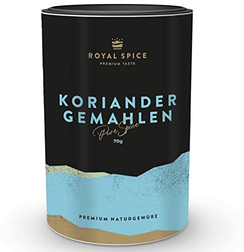 Royal Spice Koriander Gemahlen 70g - 100% Koriandersaat gemahlen zum Backen oder Wursten - Perfekt für Brot & Teige, Rub Gewürzmischungen & Currys - Koriander schonend getrocknet und gemahlen