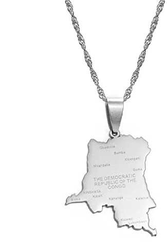 Stylish-Art République Démocratique du Congo Carte Villes Charme Pendentif Et Chaîne Colliers,Congo National pour Femmes Hommes Cartes Géométrie Bijoux Amulette Ornements Patriotiques