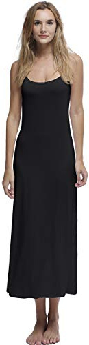 Shylve Damen Unterkleid Lang Sexy Unterkleider mit Trägern Nachthemd mit Rundhalsausschnitt Elastische Hosenträger (Schwarz, XL)
