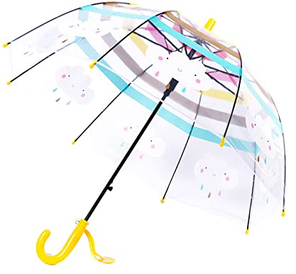 Meichoon Kinder langer Griff Regenschirm Push-Pull Offener Regenbogen gestreiftes Muster Schöne Wolken Gewölbter Griff Easy Grip Anti-Bruch für Jungen Mädchen im Alter von 3-10 Jahren Gelb