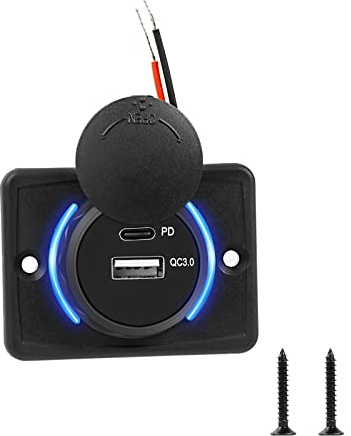 LURICO USB Steckdose 12V, 12V USB Steckdose, PD3.0 & QC3.0 24W, USB Ladebuchse Steckdose, wasserdichte USB Dose, für LKW Motorrad Wohnwagen, Blaues Licht(1 Stücke)