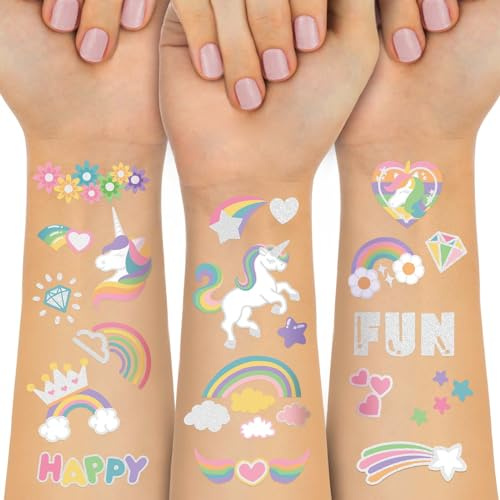 Vattentäta tillfälliga tatueringar - 118 st Groovy falska tatueringar för barn Tillbehör till födelsedagsfester, Unicorn Rainbow Arts och hantverk för pojkar eller flickor 6 7 8 9 10 11 12 år