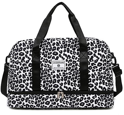 Vllcsla Sporttasche Damen Reisetasche 42.43L, Trainingstasche Damen für Kurze Reisen mit Schuhfach Nassfach, Wochenendtasche Groß Weekender Zebra-Aufdruck Leopard, Wasserdicht, Schwarz, B