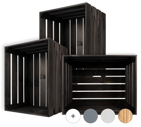 Creative Deco 3 x Große Holzkiste Schwarz | 50 x 40 x 30 cm | Weinkisten Set Obstkiste Holz | Geschliffen Vintage Holzbox Kiste | Perfekt als Deko Geschenkkorb leer Spielzeugkiste Aufbewahrungsbox