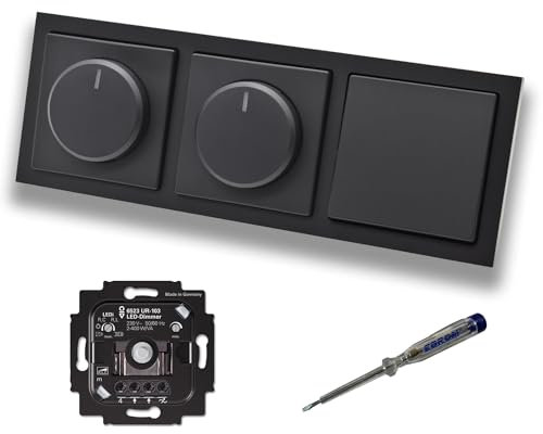 Busch Jäger 6523UR-103 (2 x) LED Drehdimmer Dimmer + Dimmerscheiben 6540-885-102 und Lichtschalter 2000/6 US in Future Linear schwarz matt inklusive EBROM Phasenprüfer zur Montage der Geräte