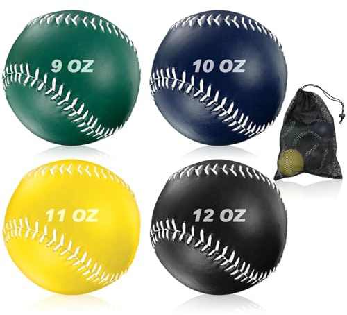 Arrowbash Set of 4 Weighted Softball Training Softballs Weighted Balls for Softball with Drawstring Bag (Green, Blue, Yellow, Black, 12 Inch)