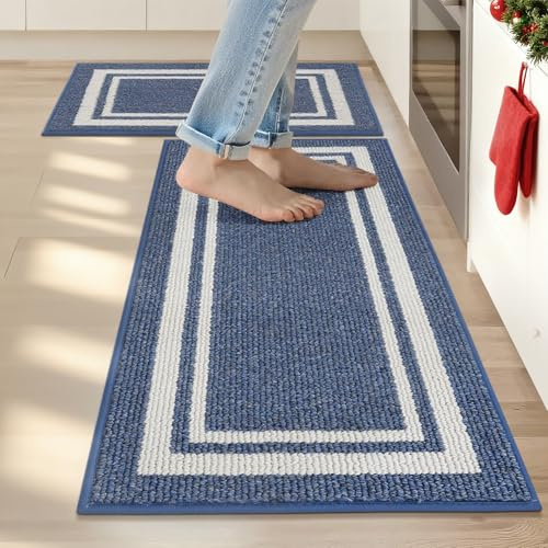 COSY HOMEER Nonslip Kitchen Runner Rug Set 2 Pieces, 61x90cm+61x152cm, Absorbent and Machine Washable Kitchen Floor Mats, 100% Polypropylene Carpet Runners for Anti Water Splashes, Blue