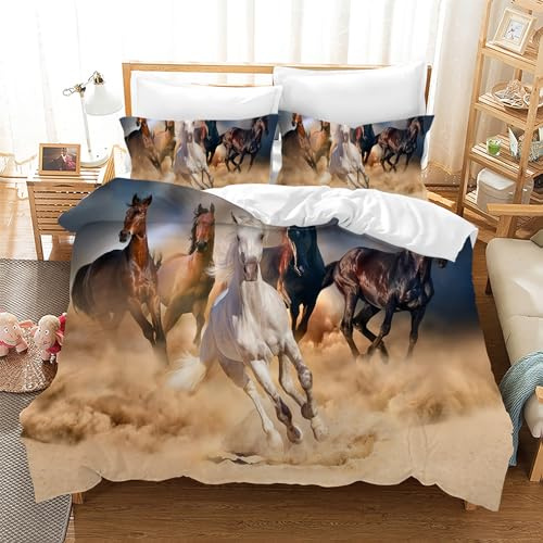 CXYXHW Bettwäsche Set 3 Teilig Bettbezüge 3D-Druck Tiere Pferd Motiv Bettbezug,Mikrofaser,Pflegeleicht,mit Kissenbezug,für Jugendliche Kind Junge Mädchen (F, 135x200cm)