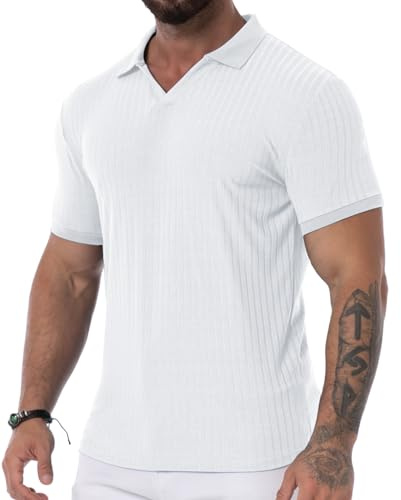 QIXING Mens V-Neck T Shirt Muscle Slim Fit Polo Shirts Ribbed Short Sleeve Knit Golf Polo Casual Summer Work Top for Men UK