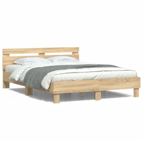 LAPOOH Bettgestell mit Kopfteil LED-Beleuchtung Sonoma-Eiche 140x200cm, Bett, Bed Frame, Familienbett, Bettrahmen, Bett Gestell, Bett Rahmengestell, Schlafzimmer Bett - 3207548