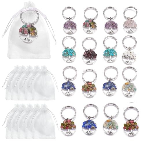 MKISHINE 18 Stück Säckchen Baum des Lebens Schlüsselanhänger aus natürlichem Kristallstein, Beutel für Konfekt, Dekoration für Gastgeschenke Hochzeit, Kommunion, Taufe, Geburt, Hochzeit, Tischkarten