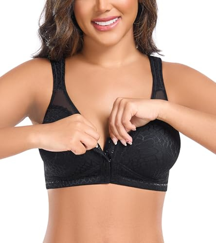 Curyon Damen Minimizer BH Vollschalen Vorne Verschluss Ohne Bügel Große Größen Cup B-G Starker Halt Ungepolstert X-förmiger Rücken Komfortabel Nahtlos Schwarz 95D
