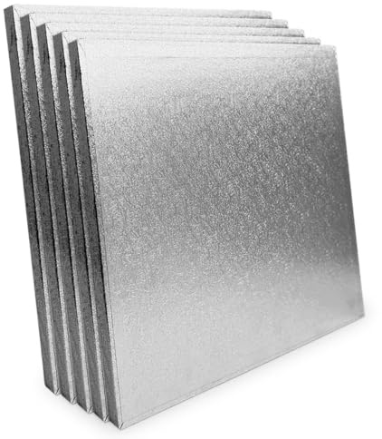 LARRYROO Pack of 5 Square Cake Drums 13mm Thick Boards Colourful Foil Covered (Silver, 10 Inches)