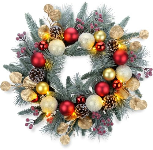 YULETIME Weihnachtskranz, 50,8 cm, Kugeln, Beeren, Tannenzapfen, Blätter, bereifte Fichtenzweige und Tannennadeln (Rot) | Rote und goldene Kugeln, frostige rote Beeren, Tannenzapfen, goldene Blätter, gefrostete Fichtenzweige und Tannennadeln