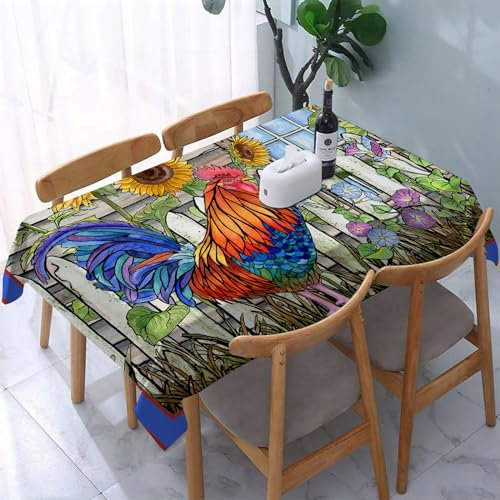 Garten Tischdecken Rechteckig,Rustikales Holzhaus mit Hahn, Hahn und Sonnenblumenfarm,Fleckschutz Wasserdicht Tischtuch für Draußen Esszimmer,Küche,Garten,Party,Hochzeiten oder Haushalt 137x183cm