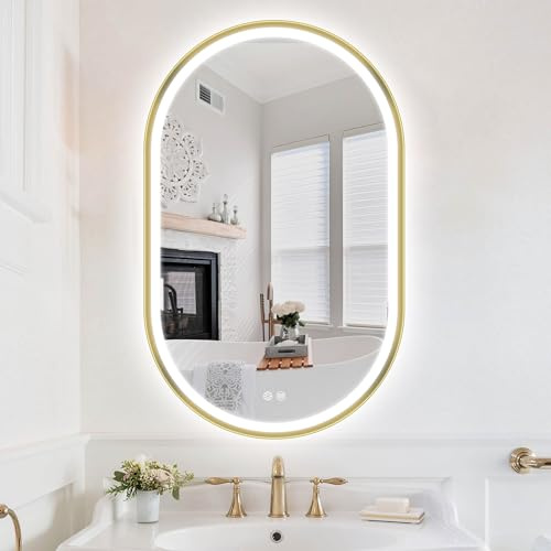 S'bagno Badrumsspegel med belysning, oval 50 x 80 cm, LED-badrumsspegel med aluminiumram, dimfri, 3000–6500 K, minnesfunktion, IP44 badrumsspegel med belysning horisontell/vertikal, guld