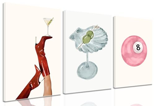 Framed Funky Martini Posters Wall Art Set of 3, Vintage Preppy Aesthetic Canvas Prints, Trendy Pink Number 8 Y2K Girl Room Wall Decor Paintings for Dorm Living Room Dining Room Kitchen 12x16 Inch