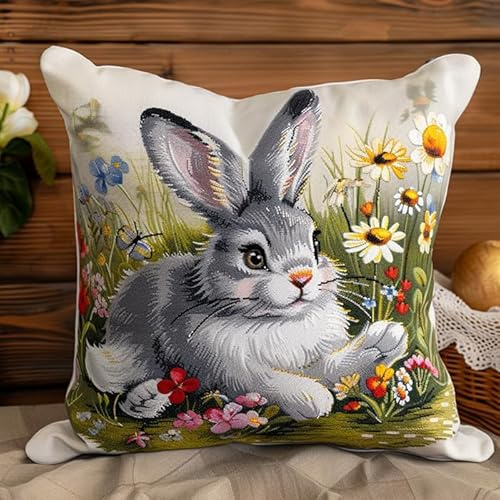 WallustrioaW süßer Hase Kreuzstich Kissen,11CT Sticken Set,Blumen,Sticksets Für Erwachsene,Anfänger,Kreuzstichkissen/Stickkissen-Set,45x45cm