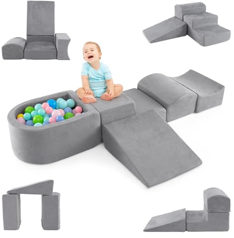 DREAMADE Parcours de motricité Bébé 5PCS avec Housse Lavable, Blocs de Construction avec Piscine à Balles, Module Motricité pour Enfant 3+ Ans, sans Balles (Gris)