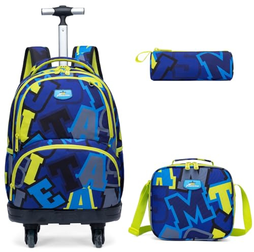 Egchescebo Kids Rolling Backpack for Boys Alphabet Suitcases Trolley Roller Luggage Backpacks with 360° Rotating Wheels 15 Laptop Lunch Box Pencil Case Elementary 18” Travel School Bag Blue
