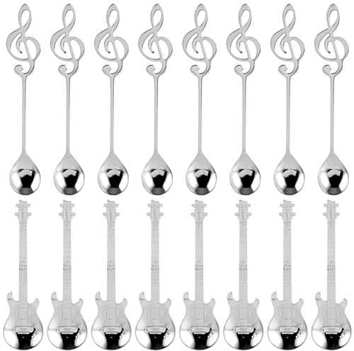MIVIDE 16 Stück Gitarre Kaffeelöffel Set, Dessertlöffel Edelstahl, Kaffeelöffel Löffel Dekorative für Musiker Geschenke, Kaffee, Tee, Dessert