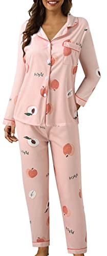 Generico Pigiama Donna Cotone Estivo,Pigiama Donna Aperto Davanti Manica Lunga con Bottoni Colletto A Revers Sleepwear Stampa Maculata Casual Morbido Pigiami 2 Pezzi Set