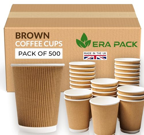 ERA PACK 500 x Kraft 12oz Ripple Paper Cups - Strong 3-PLY Disposable Cups - Leak-Proof, Recyclable Design, Insulated Coffee Cup for Hot Drinks, Tea, and Beverages